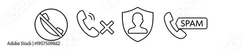 Four outline call security icons showing muted phone crossed call profile shield and spam label