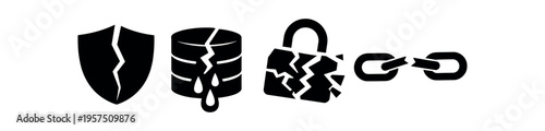 Shield and database, broken lock and chain data breach symbol flat vector icon