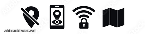 Bold solid icons showing muted location pin, mobile location, secured wifi and folded map as navigation and privacy symbols