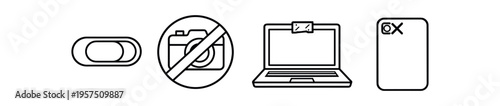 Line icons of toggle switch, no camera sign, laptop with cover, and smartphone device