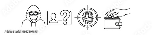 Row of line icons showing hacker, unknown id, fingerprint target, and wallet security