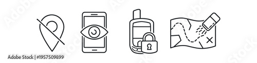 Outline style icons of disabled location pin, mobile eye, locked phone and map with route illustrating location and privacy controls