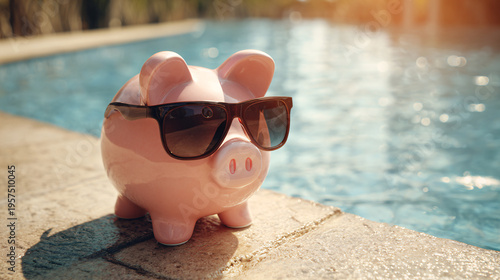 Piggy bank with sunglasses by the pool symbolizing financial freedom, passive income and luxury lifestyle.