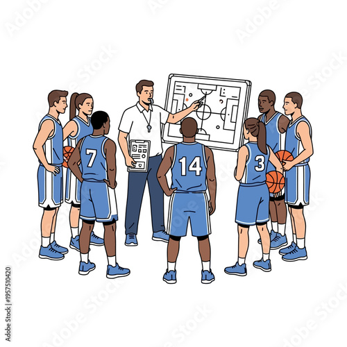 Basketball coach explaining strategy on whiteboard to diverse team, illustration