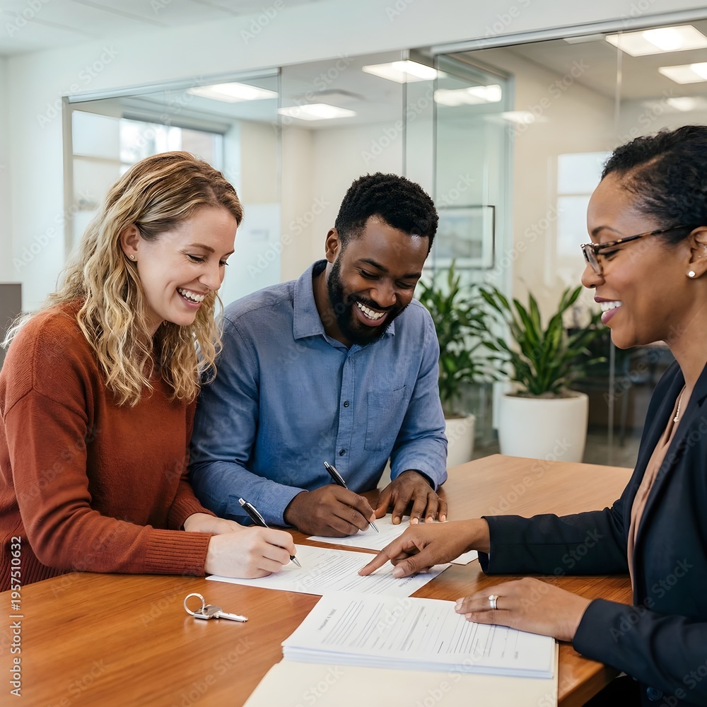 Obraz premium Happy Interracial Couple Signing Home Loan Documents with Female Bank Advisor at Modern Office Desk