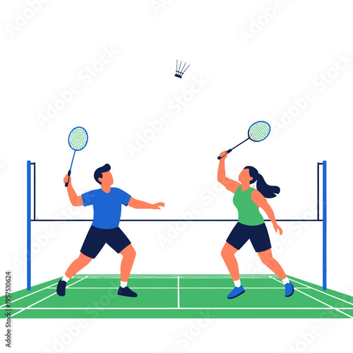 Couple playing badminton on a court, sports recreation, active lifestyle, summer fun