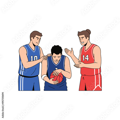 Basketball players comforting teammate after loss, sportsmanship, team support, encouragement