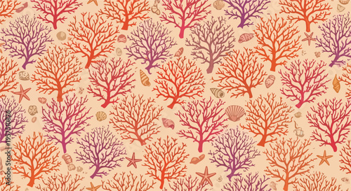 Vibrant coral reef pattern with seaweed and starfish on sandy ocean floor