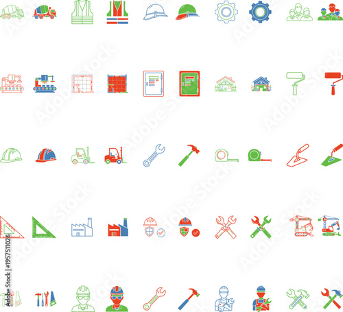 Colorful Construction Icons Set – Building Tools and Equipment Vector Illustration Collection