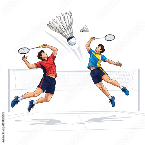 Dynamic Badminton Match: Two Players Jumping to Hit Shuttlecock Over Net