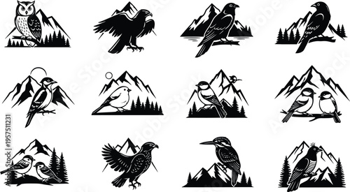 Tableau sur toile Silhouette of birds isolated on transparent background with mountain scenery
