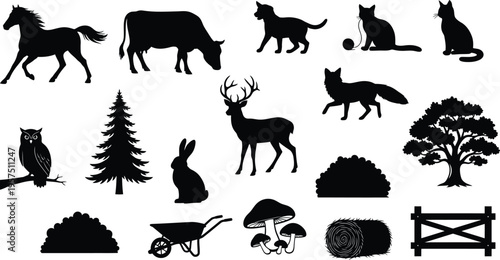 Silhouette of various farm and woodland animals isolated on transparent background
