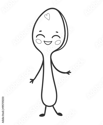Vector line art illustration of cute spoon character. Outline kitchen object isolated with smiling face.