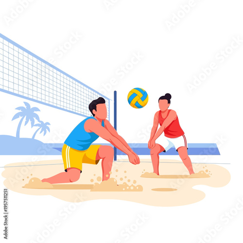 Beach Volleyball Game: Couple Playing Volleyball on Sandy Court with Palm Trees