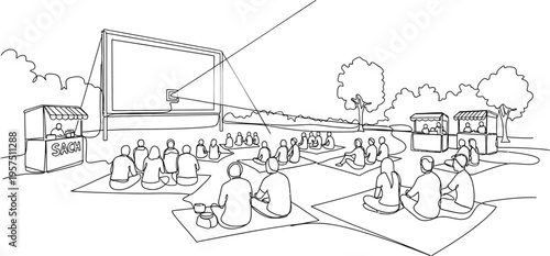 outdoor movie night, people watching film