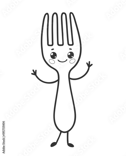 Vector line art illustration of cute fork character. Outline kitchen object isolated with smiling face.