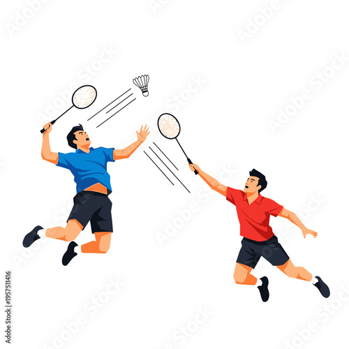 Two men playing badminton, jumping and hitting shuttlecock, dynamic sports illustration
