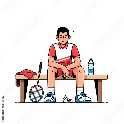 Tired Badminton Player Sitting on Bench with Racquet and Shuttlecock
