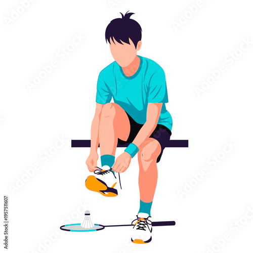 Young Badminton Player Tying Shoelaces, Getting Ready for Match, Sports Equipment