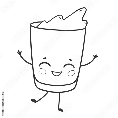 Vector line art illustration of cute milkshake breakfast character. Outline drink isolated object with smiling face.