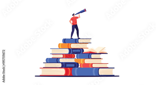 A person stands on a stack of books and looks through a megaphone