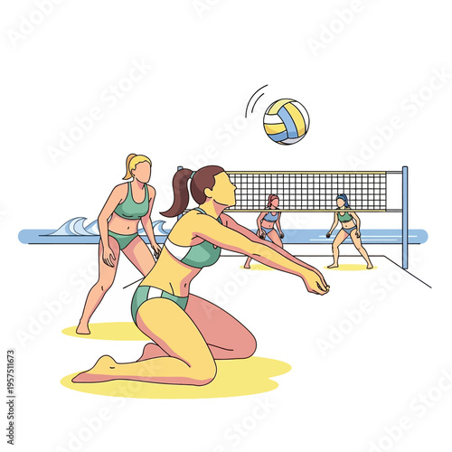 Beach Volleyball Game: Women Playing Sport on Sandy Court with Ocean Background
