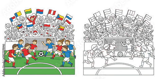 Lively Soccer Match with Cheering Fans and Flags - Dynamic Cartoon Sports Scene