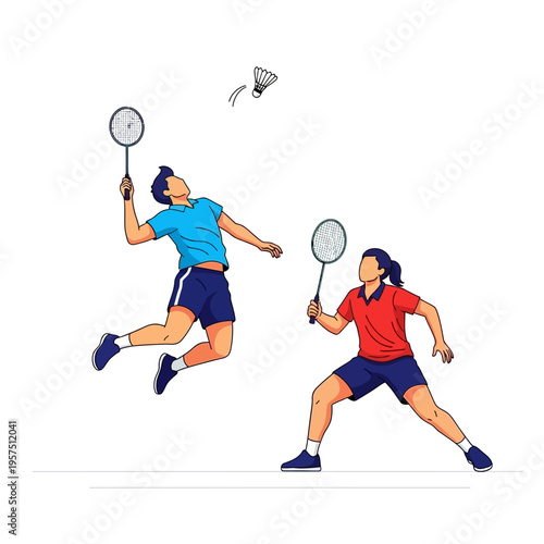 Badminton players playing match, active lifestyle, sports illustration