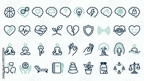 Mental Health and Psychology Line Icon Set for Wellness and Therapy