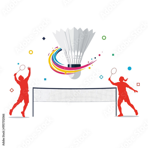 Badminton players playing a match with shuttlecock and colorful streaks