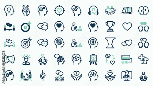 Extensive array of icons representing mental health, psychological concepts, and holistic well-being.
