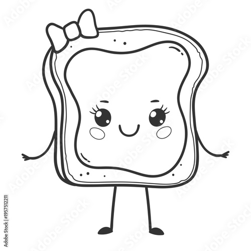 Vector line art illustration of cute toast breakfast character. Outline food isolated object with smiling face.