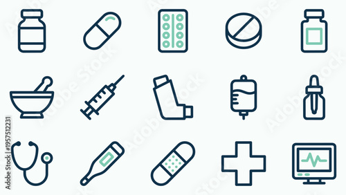 Medical Treatment and Pharmacy Line Icon Set for Healthcare and Pharmaceutical Design