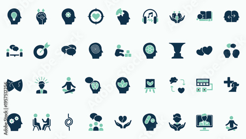 Diverse set of mental health, psychology, and wellness icons representing mind, therapy, and emotional well-being.