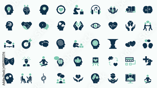 Comprehensive collection of icons depicting mental health, psychological support, and emotional well-being concepts.
