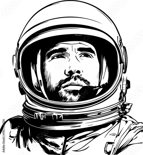 Hand Drawn Male Astronaut Black and White Avatar Illustration in Minimal Line Art Style Design