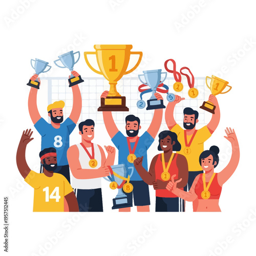 Diverse Sports Team Celebrating Victory with Trophies and Medals