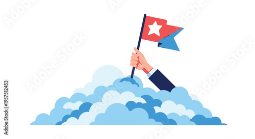A hand in a business suit holding a flag with a star on top of clouds