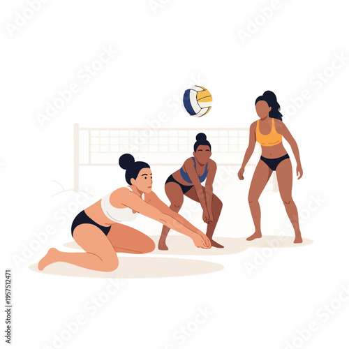 Diverse women playing beach volleyball on a sunny day, illustration