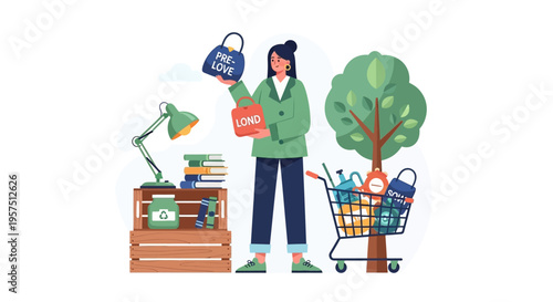 Eco-Friendly Shopping: Woman with Pre-Loved Items in Cart, Promoting Sustainable Lifestyle & Circular Economy