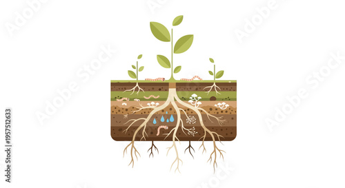 Healthy Soil Ecosystem Diagram with Plant Growth, Roots, Earthworms, Fungi, Microbes, and Water in Layered Ground Cross-Section