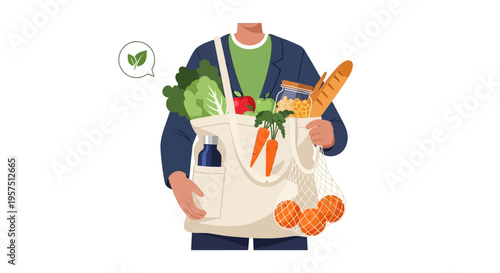 Sustainable Grocery Shopping: Person Carrying Fresh Produce in Eco-Friendly Reusable Bags, Emphasizing Zero Waste and Healthy Living
