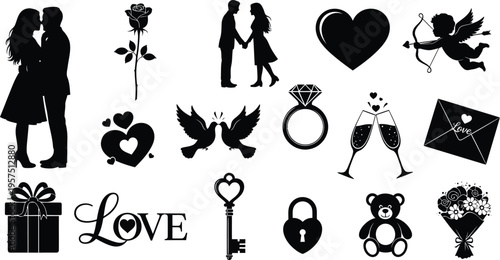 Collection of romantic silhouette icons isolated on transparent background