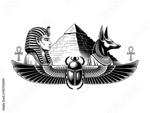 Ancient Egypt vector illustration with pharaoh, Anubis, winged scarab beetle, pyramids, and ankh symbols in black white