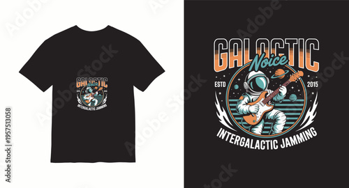 Galactic noice astronaut playing guitar t shirt design with intergalactic jamming theme for music and space fans