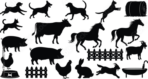 Silhouette of farm animals and objects isolated on transparent background