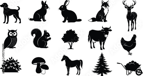 Silhouette of various forest animals and trees isolated on transparent background