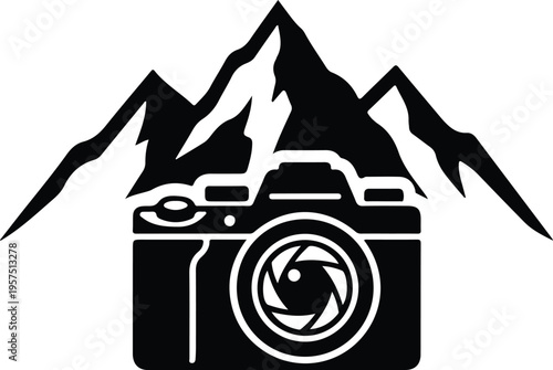 Mountain Camera Logo for Travel Photography Branding,
Minimal black camera icon combined with mountain peaks, representing outdoor photography, adventure travel, and creative branding for photographer