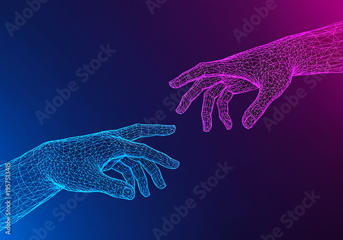 Two digital wireframe hands reaching towards each other in a symbolic connection transparent background