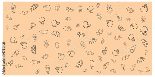 Seamless hand drawn summer food doodle pattern with watermelon ice cream fruits on beige background abstract design